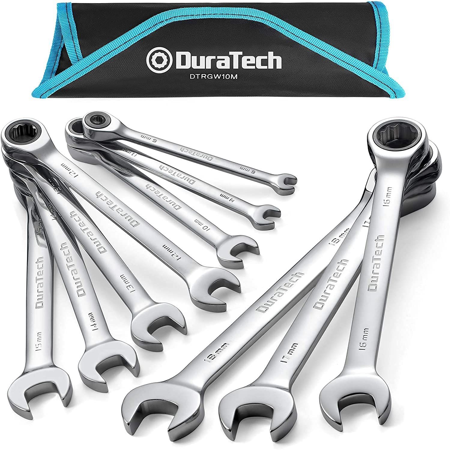 DURATECH コンビネーションレンチセット ラチェットレンチセット スパナセット レンチセット スパナ 両用ヘッド 10本組 鏡面仕上げ 6~18mm 自動車修理 車メンテナンス 組み立て DIY用 収納バッグ