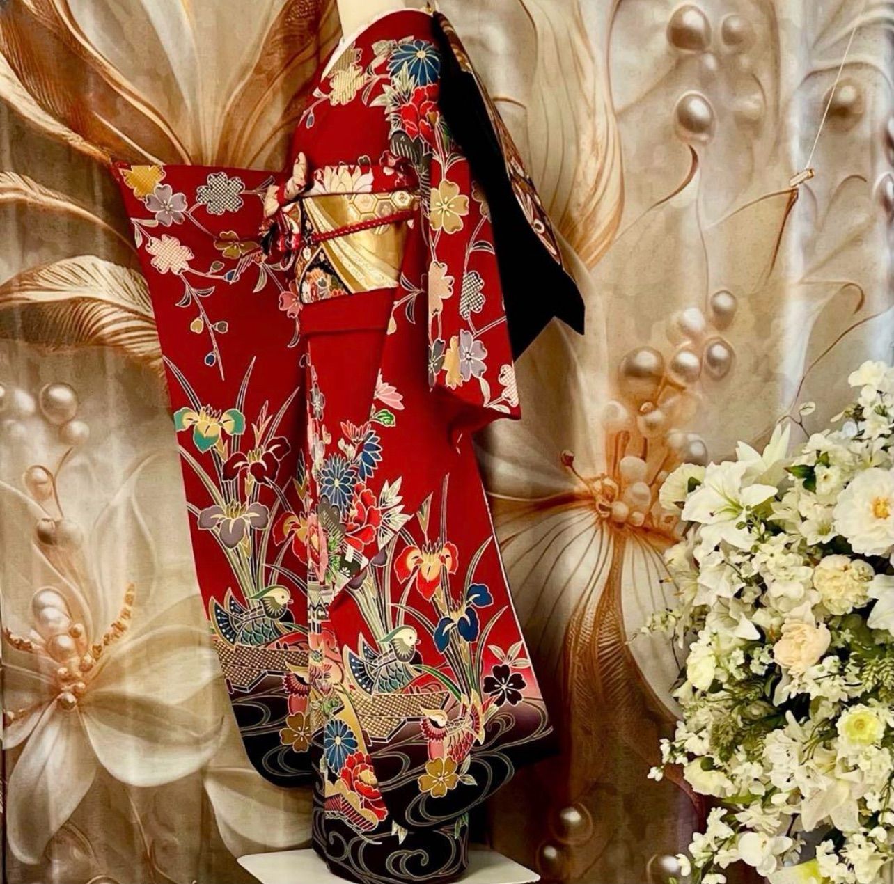 落款入り】美品 高級 赤振袖 花柄 成人式 帯小物一式 おしどり きもの