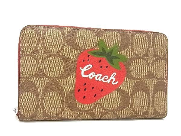 ■新品■未使用■ COACH コーチ CH529 シグネチャー PVC ワイルド ストロベリー ラウンドファスナー 財布 ウォレット ブラウン系  BF3611