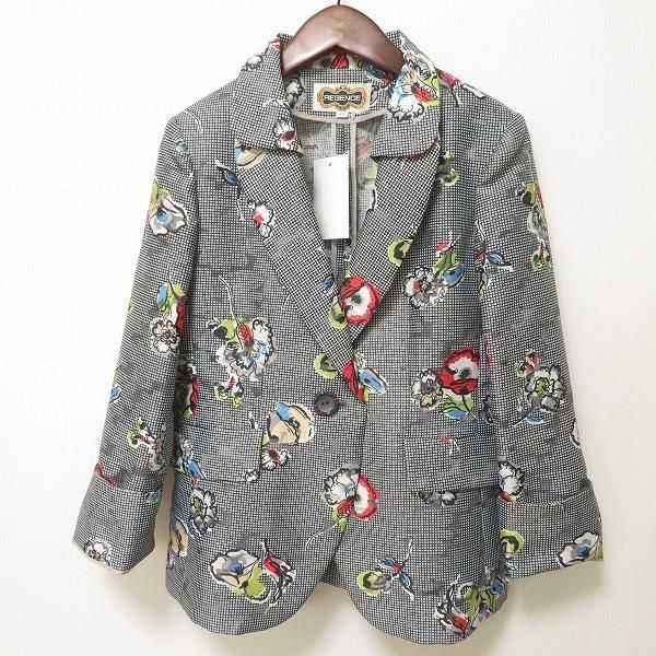 #anc レジァンス REGENCE ジャケット 40 黒 白系 チェック 花柄 薄手 美品 レディース [948999]