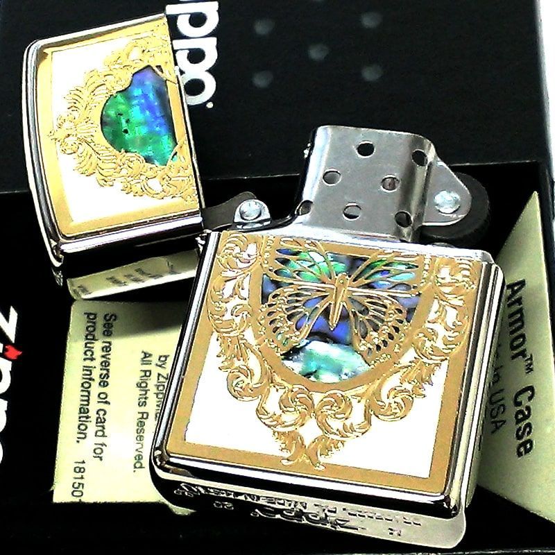 ZIPPO ライター アーマー ジッポ バタフライ 蝶 金銀 コンビシェル 天然貝 シェル 繊細彫刻 両面加工 重厚モデル 可愛い おしゃれ メンズ  レディース ギフト - メルカリ