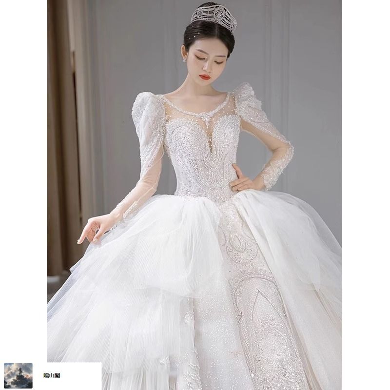 送料無料 2025秋冬 フレンチスタイル ウェディングドレス 長袖 大きなロングトレーン プリンセスライン 主役ドレス-8.13LYC680夏の新生活 WWW_MORNINGWALKER_COM