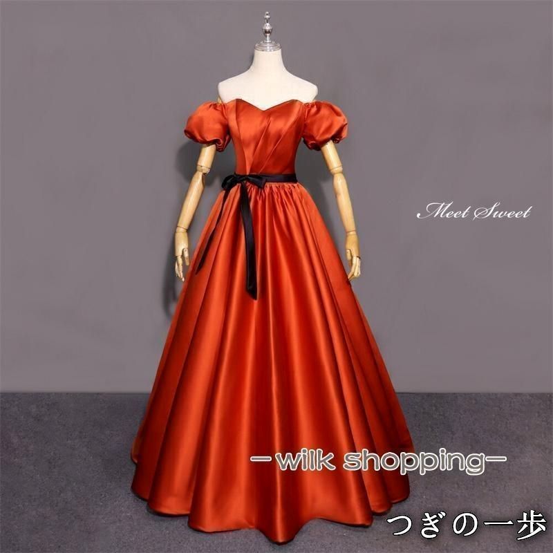 ドレス Aラインドレス ロングドレス テラコッタ 袖あり オフショルダー ウェディングドレス 結婚式 二次会 花嫁 前撮り 演奏会 発表会 ステージ衣装