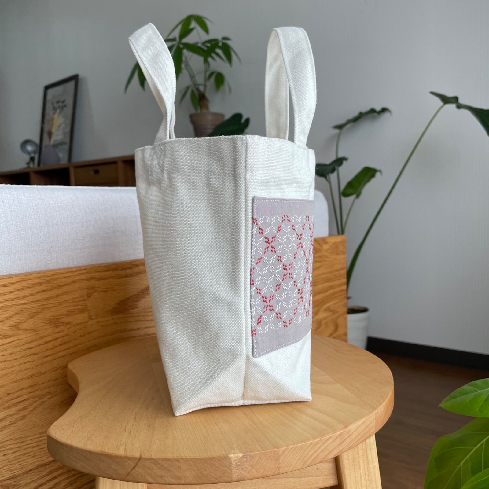 刺し子トートバッグ 斜め方眼/グレージュ ハンドメイド こぎん