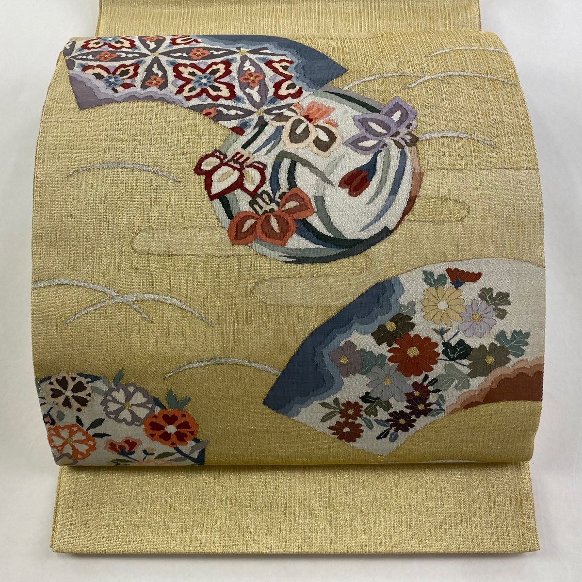 袋帯 秀品 夏帯 草花 扇面 金銀糸 金色 お太鼓柄 正絹