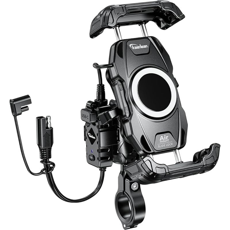 Kaedear(カエディア) バイク スマホホルダー 振動吸収 QI ワイヤレス充電 USB電源 防水 携帯ホルダー バイク用スマホホルダー 振動吸収 マウント エアーマウント 一体型， サイドレバー ロック 