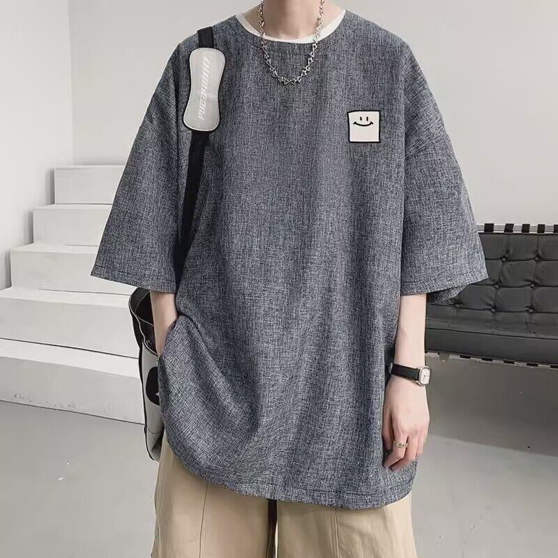 薄手のコットンリネン半袖男性用190背の高いロングtシャツサイズアップの七分袖です