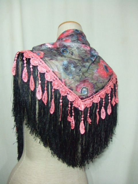 バレンシアオリジナルバラレース花プリント地レース＆ブラックフリンジシージョ