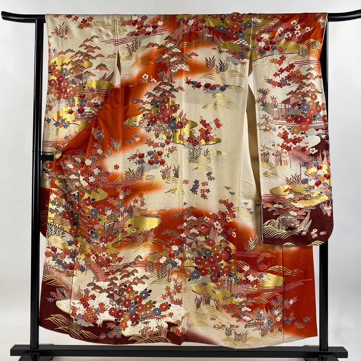 振袖 身丈153.5cm 裄丈63.5cm S 袷 草花 家屋 金糸 金彩 朱色 正絹 秀品