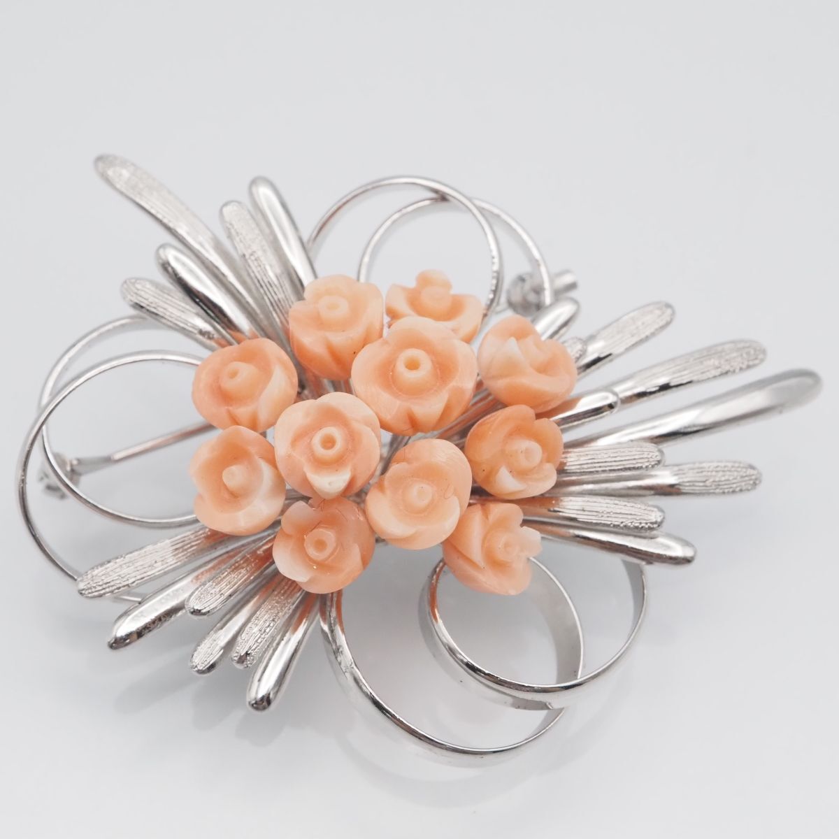 H045 珊瑚 サンゴ SILVER刻印 ブローチ 花彫刻 デザイン シルバー 3月誕生石