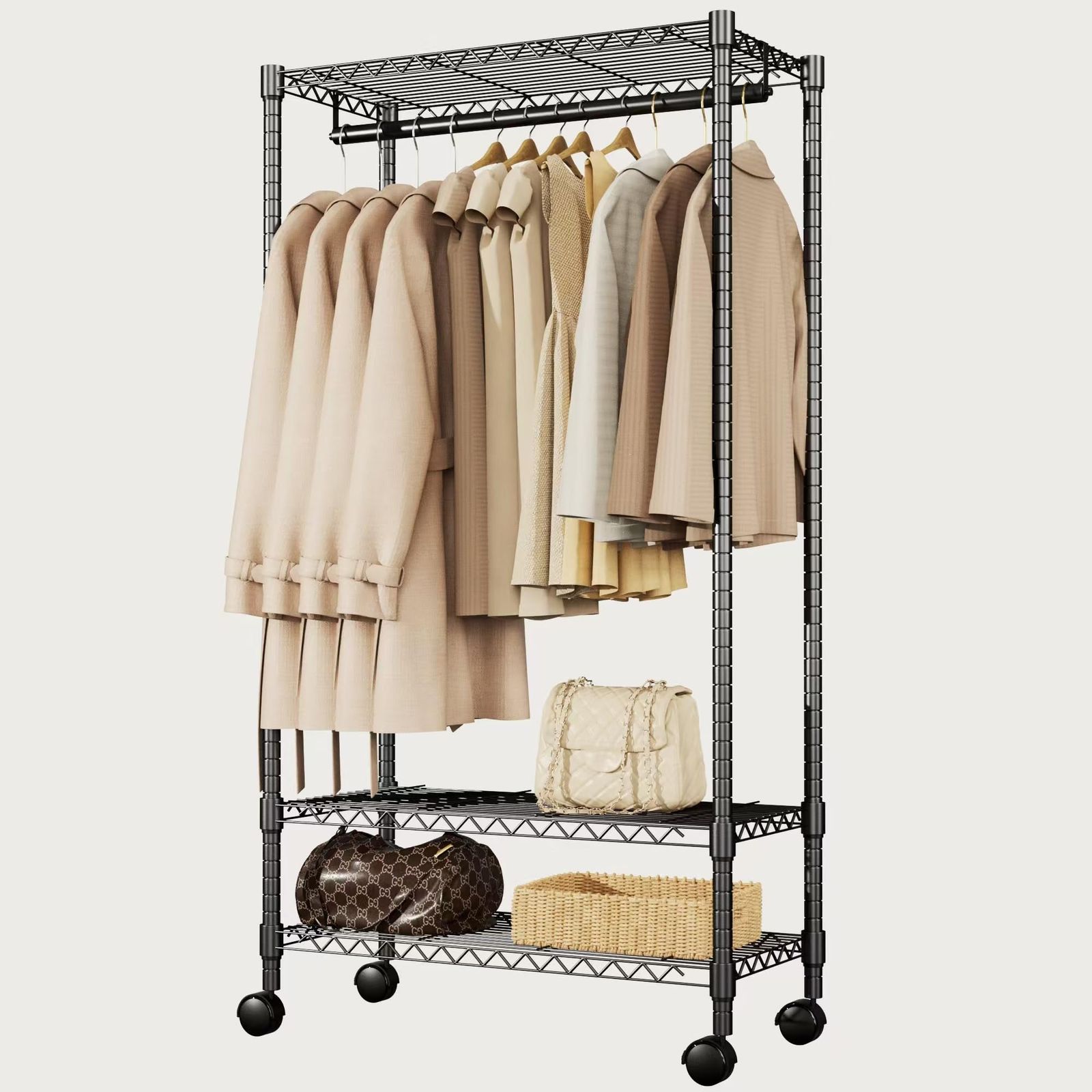  【迅速発送】Luckycoco ハンガーラック 洋服ラック ワードローブ クローゼット 衣類収納用 メタル製 スチールラック 幅91×奥46×高さ182cm 3段 ポール径25mm メタルシェルフ 耐荷重300KG キャスター ケース・ボックス・コンテナ