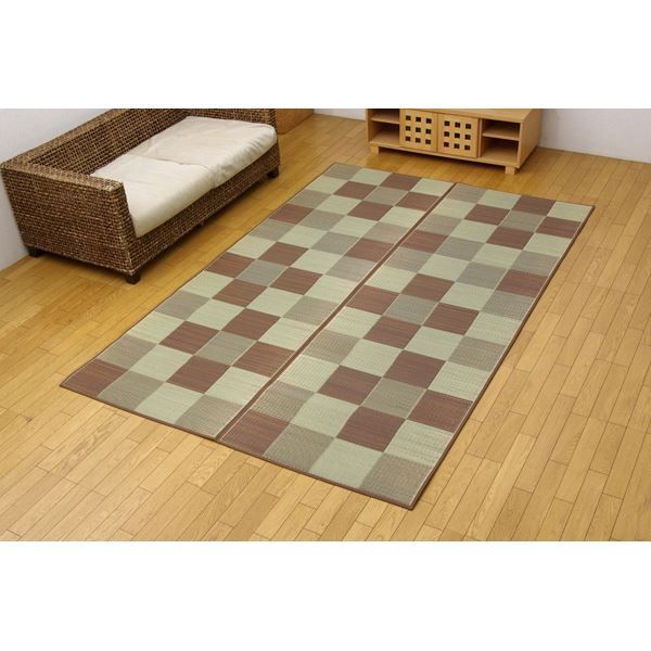 日本製 い草 花ござ/ラグマット 【ブロック柄 ブラウン 江戸間6畳 約261×352cm】 裏：ウレタン 防傷 抗菌 防臭 調湿【代引NG】 カーペット・マット・畳 マット
