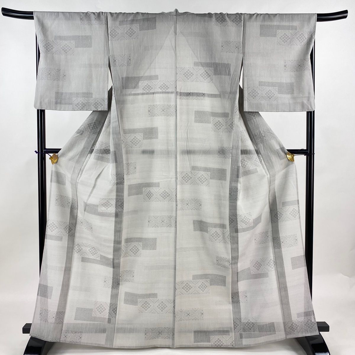 紬 身丈163.5cm 裄丈68.5cm L 薄物 夏紬 亀甲絣 菱 灰色 正絹 名品