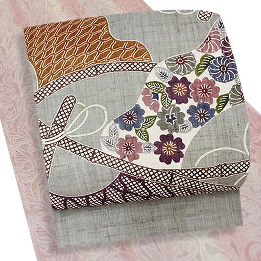 栗山吉三郎 名古屋帯 栗山紅型 和染紅型 紅型染 灰色 桜 菊 竹 九