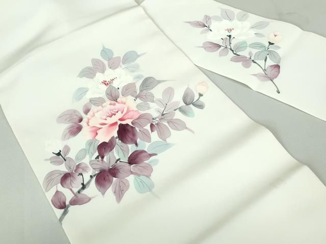 平和屋着物◎塩瀬 九寸名古屋帯 作家物 手描き 牡丹 正絹 逸品