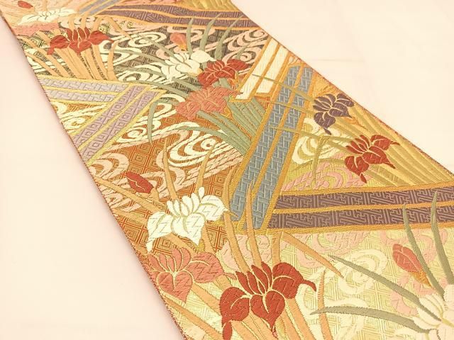 平和屋着物◎佐賀錦 六通柄袋帯 唐織 流水杜若文 金糸 正絹 逸品