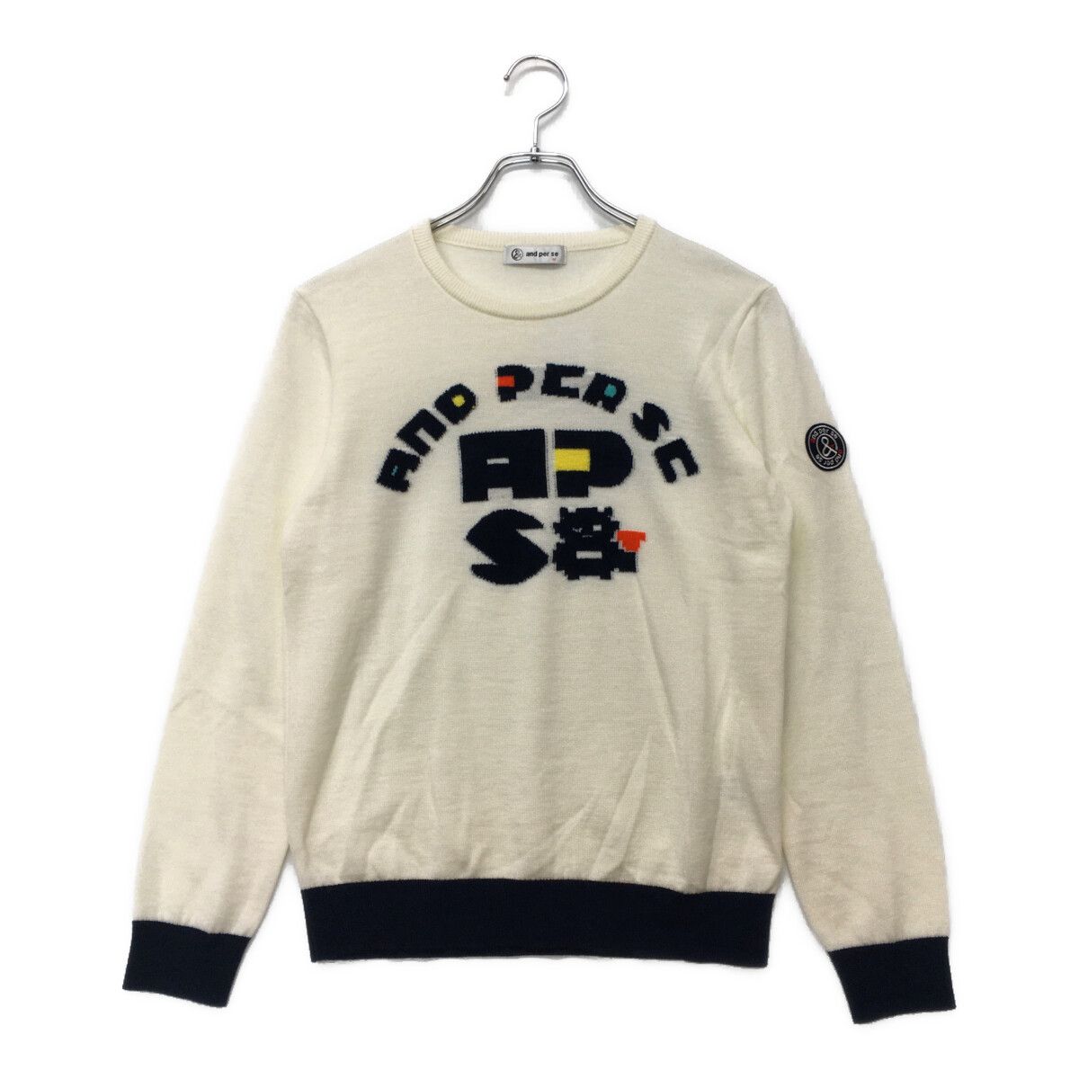 中古 レディース アンパスィ and per se セーター M 白 ホワイト ロゴ入り クルーネック