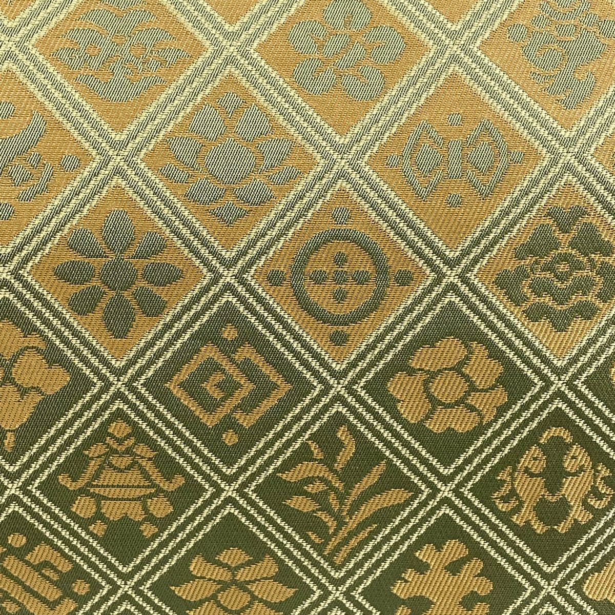 袋帯 美品 逸品 龍村美術織物 落款 たつむら 菱 花 鶯色 六通