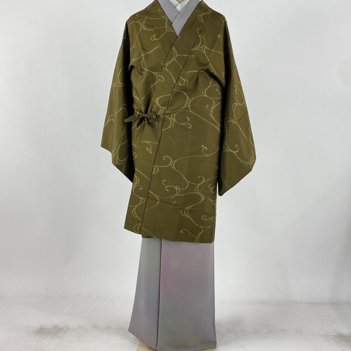 道中着 身丈94cm 裄丈66.5cm M 和装コート 紬地 水面 金彩 茶緑色 正絹 名品