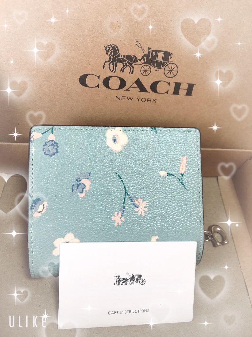 新品未使用】COACH 折りたたみ財布 花柄 水色 ブルー C8703-