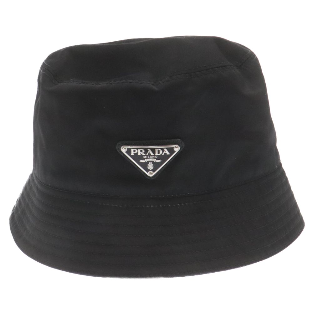 最安値 PRADA (プラダ) ブラック 三角ロゴプレートバケットハット ReNylon 帽子