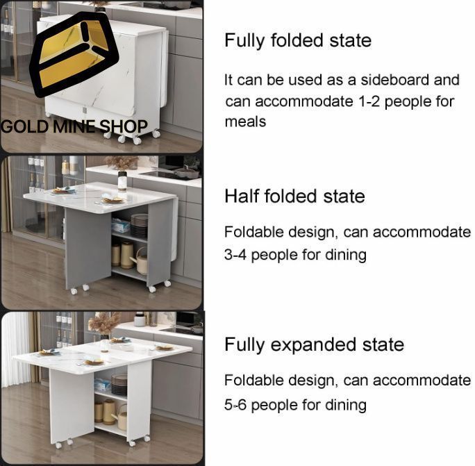 6つの車輪と収納棚を備えた折りたたみ式ダイニングテーブル 省スペースの折りたたみ式デザイン ディナー用の伸長式キッチンオフィ 120CM 6つの車輪と収納棚を備えた折りたたみ式ダイニングテーブル。省スペースの