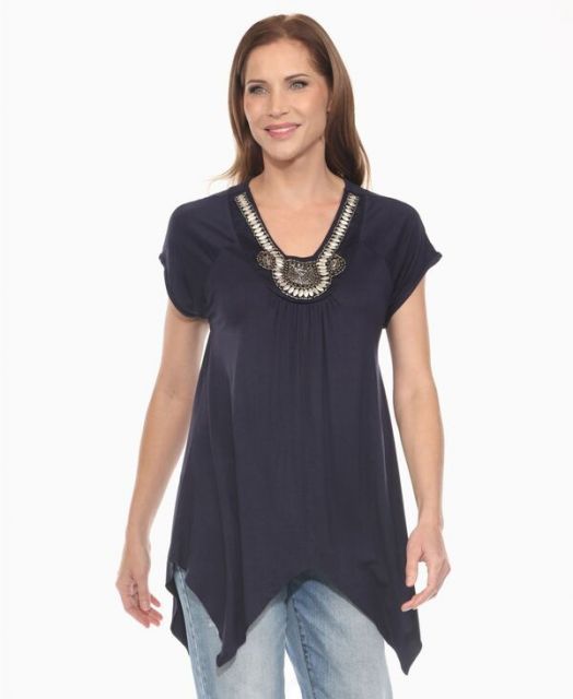 売れ筋商品|||ホワイトマーク カットソー トップス レディース Women's Beaded Angled Hem Knit Top Black 送料無料】 ホワイトマーク レディース シャツ トップス Women's