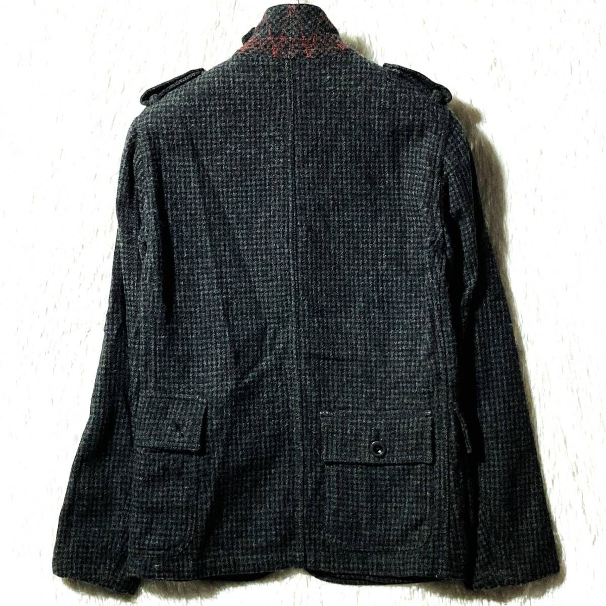 トゥモローランド クラシックUKワーク リバーシブル 千鳥格子ツイード ハンティングジャケット 裏デニムポケット-赤ステッチ 黒灰 S