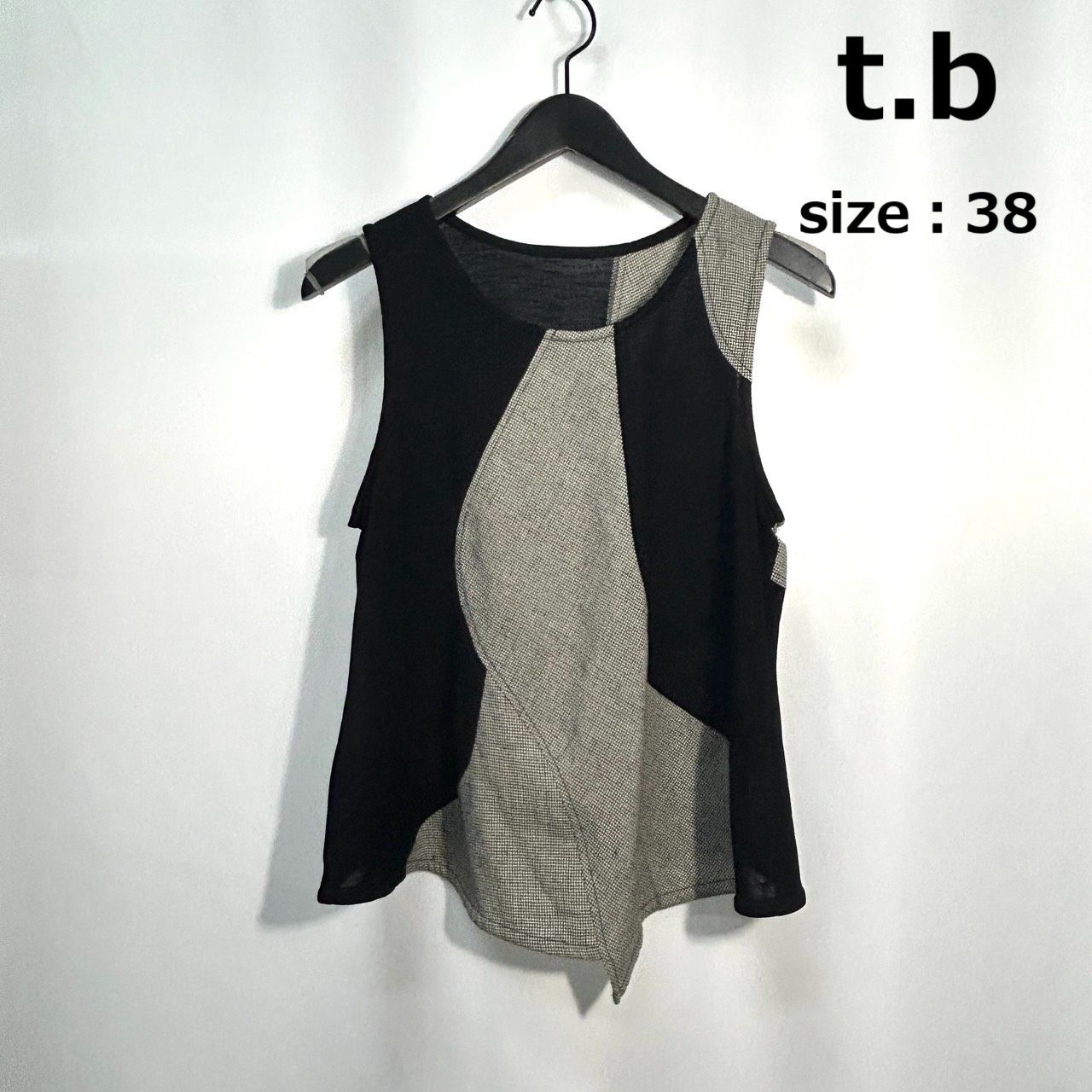 t.b 38 ブラック系 カットソー ノースリーブ 変形パッチワーク トップス レディース アシンメトリー 日本製 センソユニコ ティービー