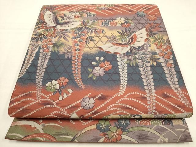 平和屋着物▽六通柄袋帯 吟風紹紦 花蝶文 正絹 逸品 AAAY9621wj