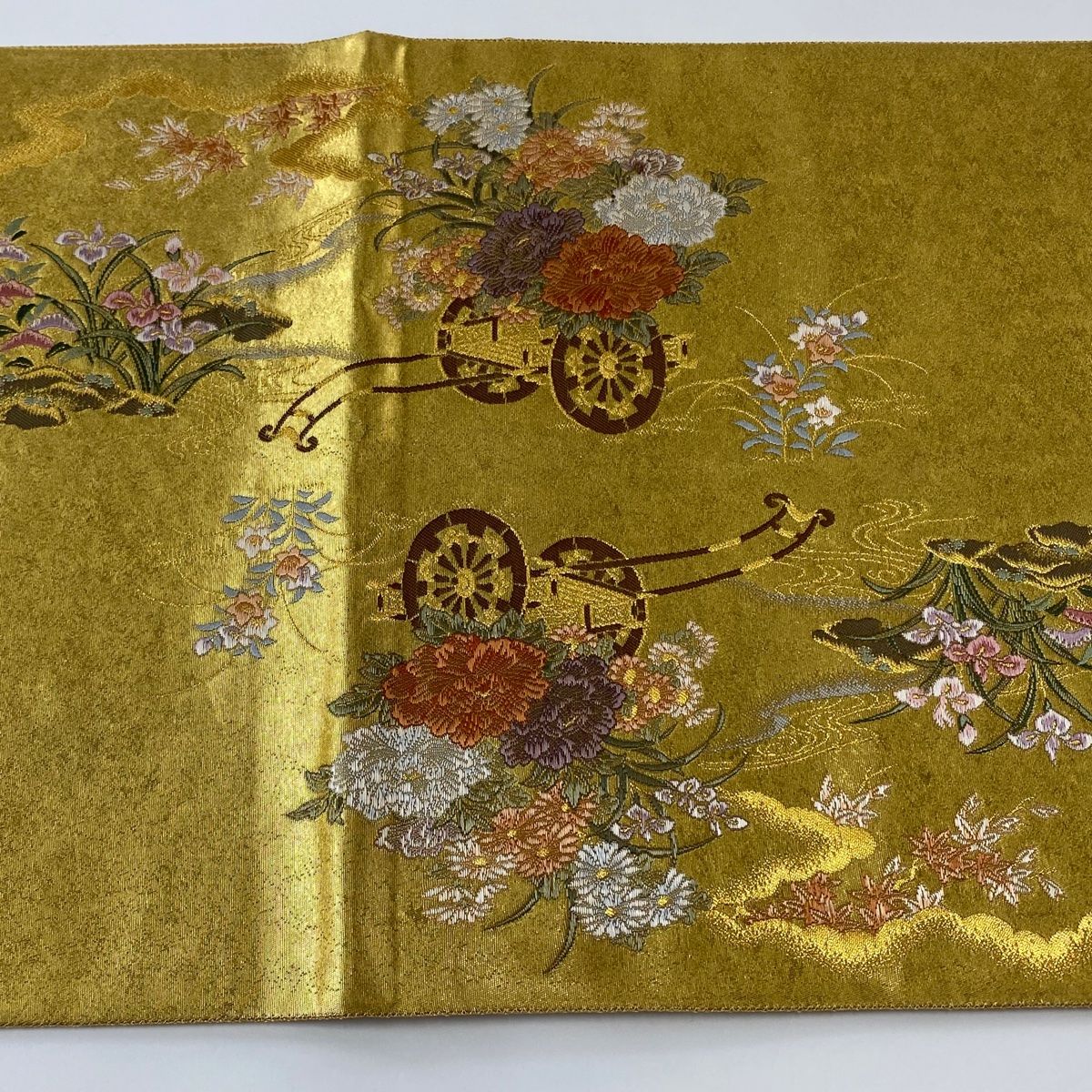 1681.王朝秀映文 袋帯 六通柄 御所車 菊 ススキ 松 藤 正絹 着物