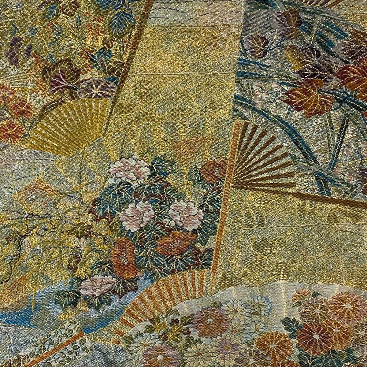 袋帯 美品 名品 リバーシブル 琳派三十六華扇 菊 箔 青灰色 全通