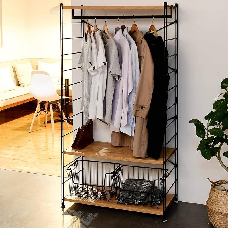 山善 YAMAZEN ハンガーラック 木製 全体耐荷重100kg ハンガー 棚板高さ調節 連結 ワードローブ クローゼット 一人暮らし 幅85.5×奥行41.5×高さ162cm 組立品 オーク サンドブラック MWSW-16803 OAK SBK 1