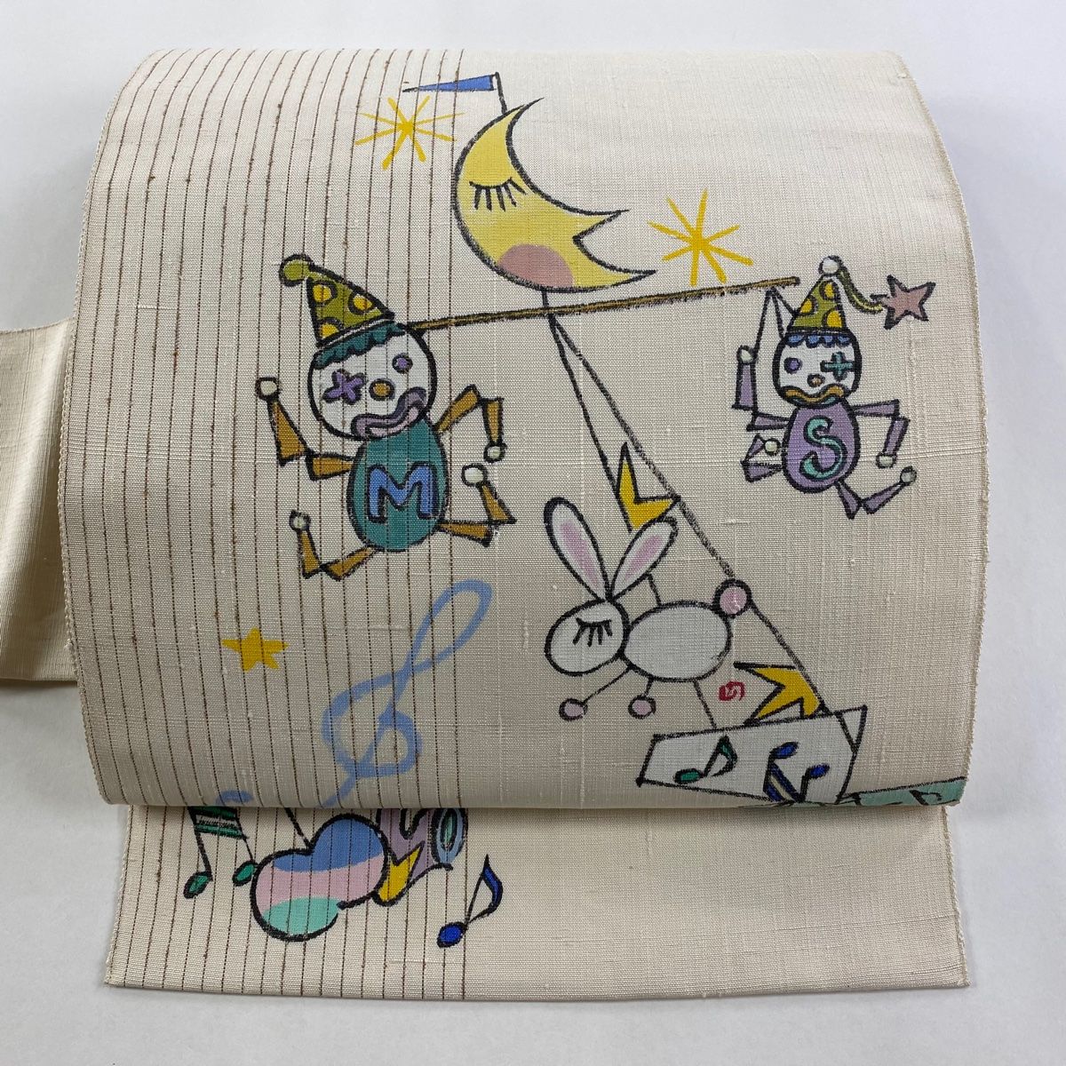 名古屋帯 落款 紬地 八寸名古屋帯 ピエロ 音符 ベージュ 正絹