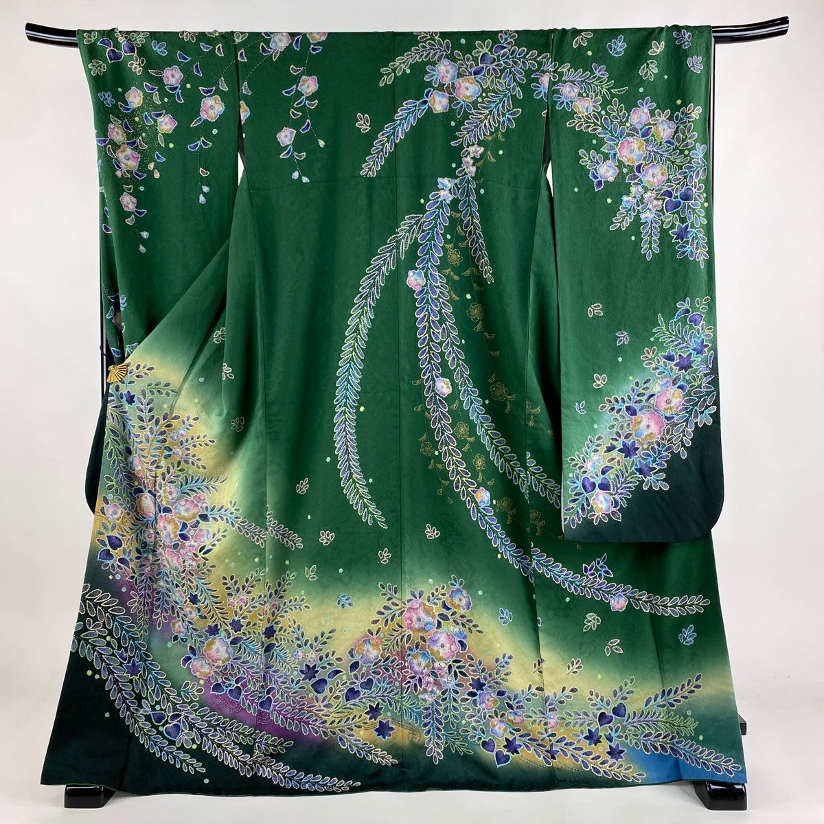 振袖 身丈170.5cm 裄丈69.5cm L 袷 やまと 辻が花柄 金彩 ぼかし 緑 正絹