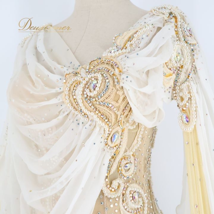 社交ダンス 衣装 タカダンス TAKADANCE ドレス ドレス ワンピース ファー フロート 白 プリーツ アイボリー ホワイト系 デモ 競技 ダンス パーティ 発表会 エレガント ステージ衣装 おしゃれ パーティードレス LLC-HASEGAWATOSO_COM