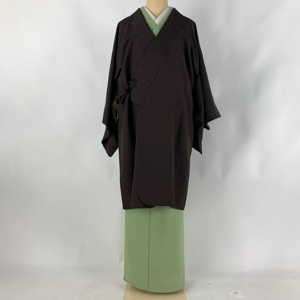 道中着 身丈97cm 裄丈66cm M 和装コート 着物衿 花唐草 焦茶色 正絹  