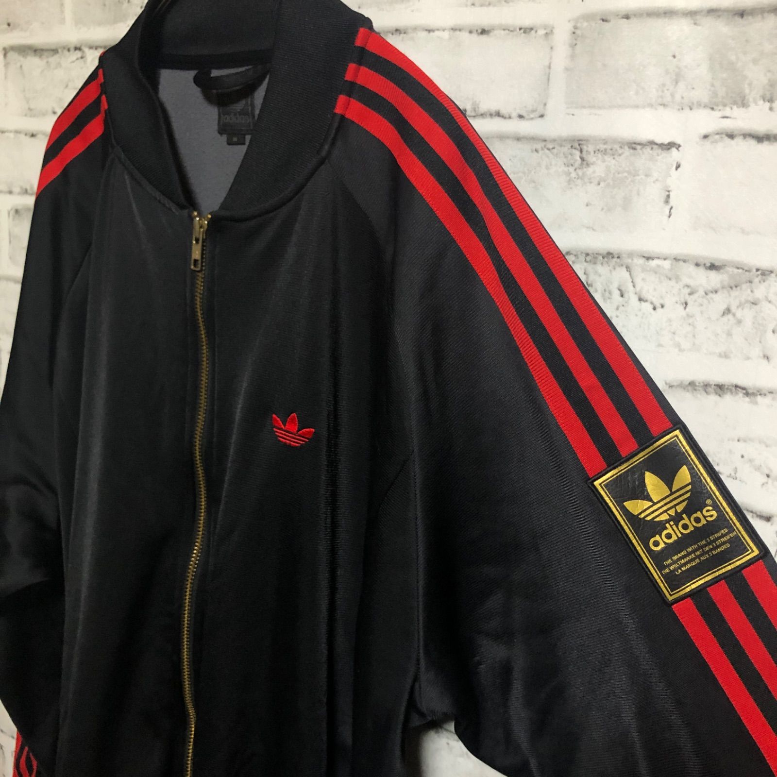 adidas トラックジャケット 希少 レザーパッチ 刺繍トレファイル 黒赤 XL⭐️adidas トラックジャケット/ジャージ レザーパッチ 刺繍