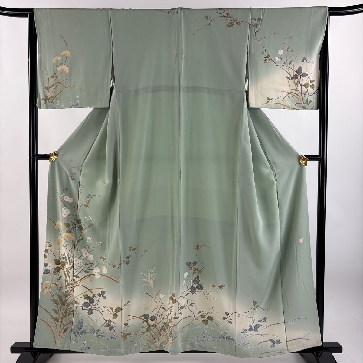 訪問着 身丈157cm 裄丈65cm M 袷 落款 秋草 鈴蘭 染め分け ぼかし 薄緑 正絹 秀品