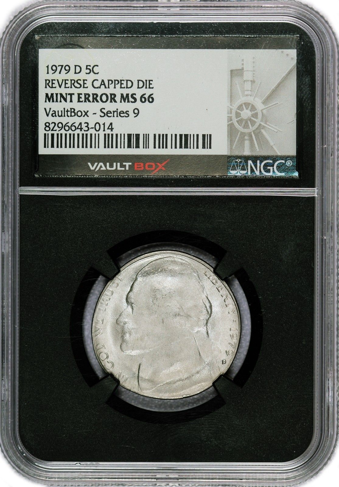 1979 D 5C Jefferson Nickel Mint Error REV Capped Die VaultBox Series 9 NGC MS66