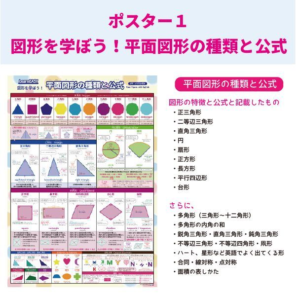 LearnEASY 小学生 1枚でわかる 算数ポスター 2枚セット 平面図形の種類と公式 立体図形の種類と公式 中学受験 プチバイリンガル 英語 公式一覧  - メルカリ