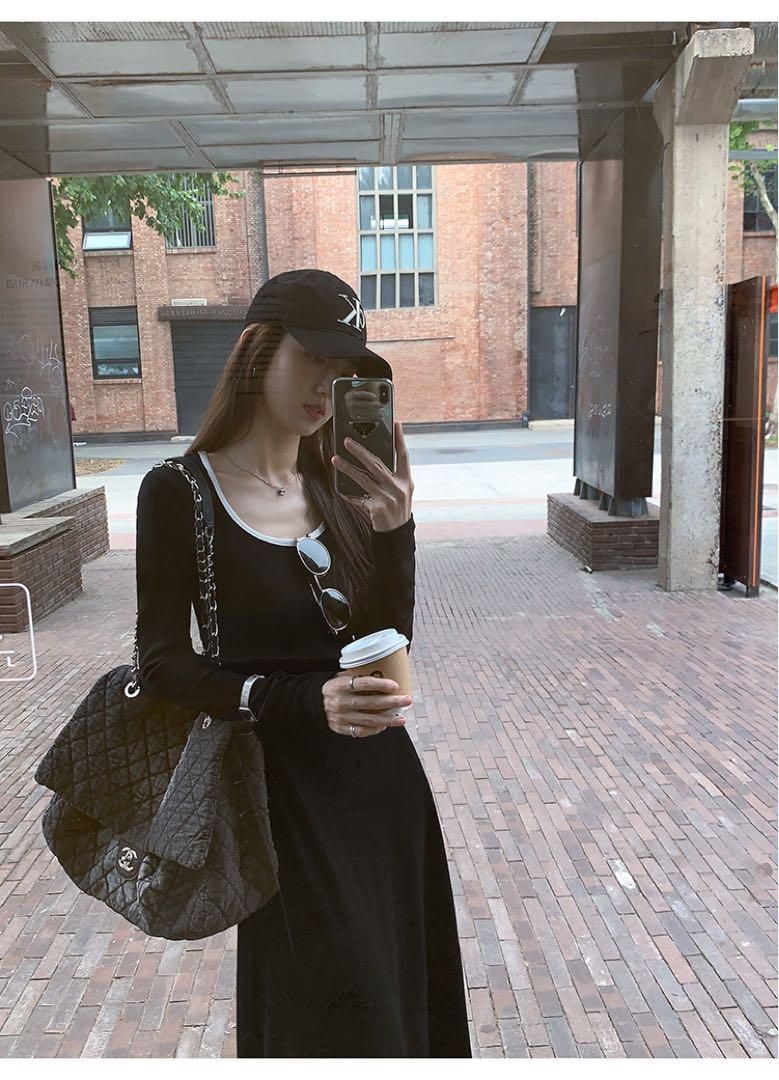 春のお出かけニットロングワンピースコントラスト Uネック長袖