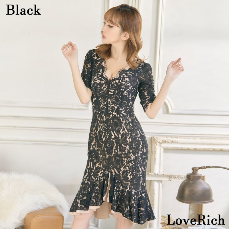 Ｖネック フリル袖 総レース マーメイドドレス【関税・送料込】 LoveRich ラブリッチ 総レース 袖あり マーメイド ミディアム丈
