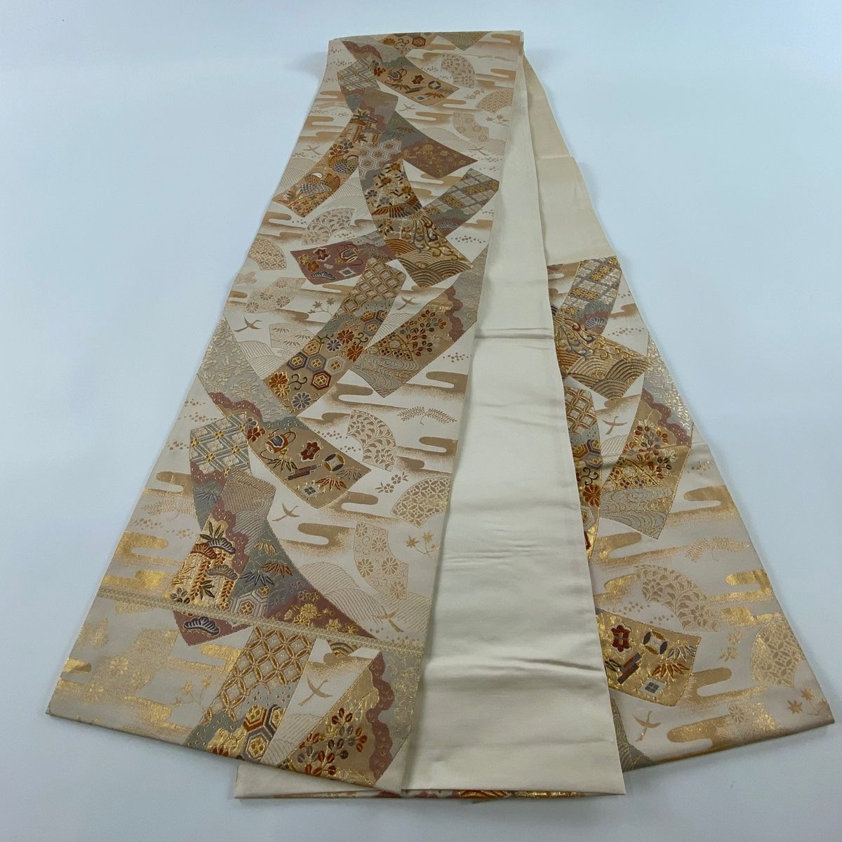袋帯 秀品 短冊 花鳥 金糸 箔 ベージュ 六通 正絹 【中古