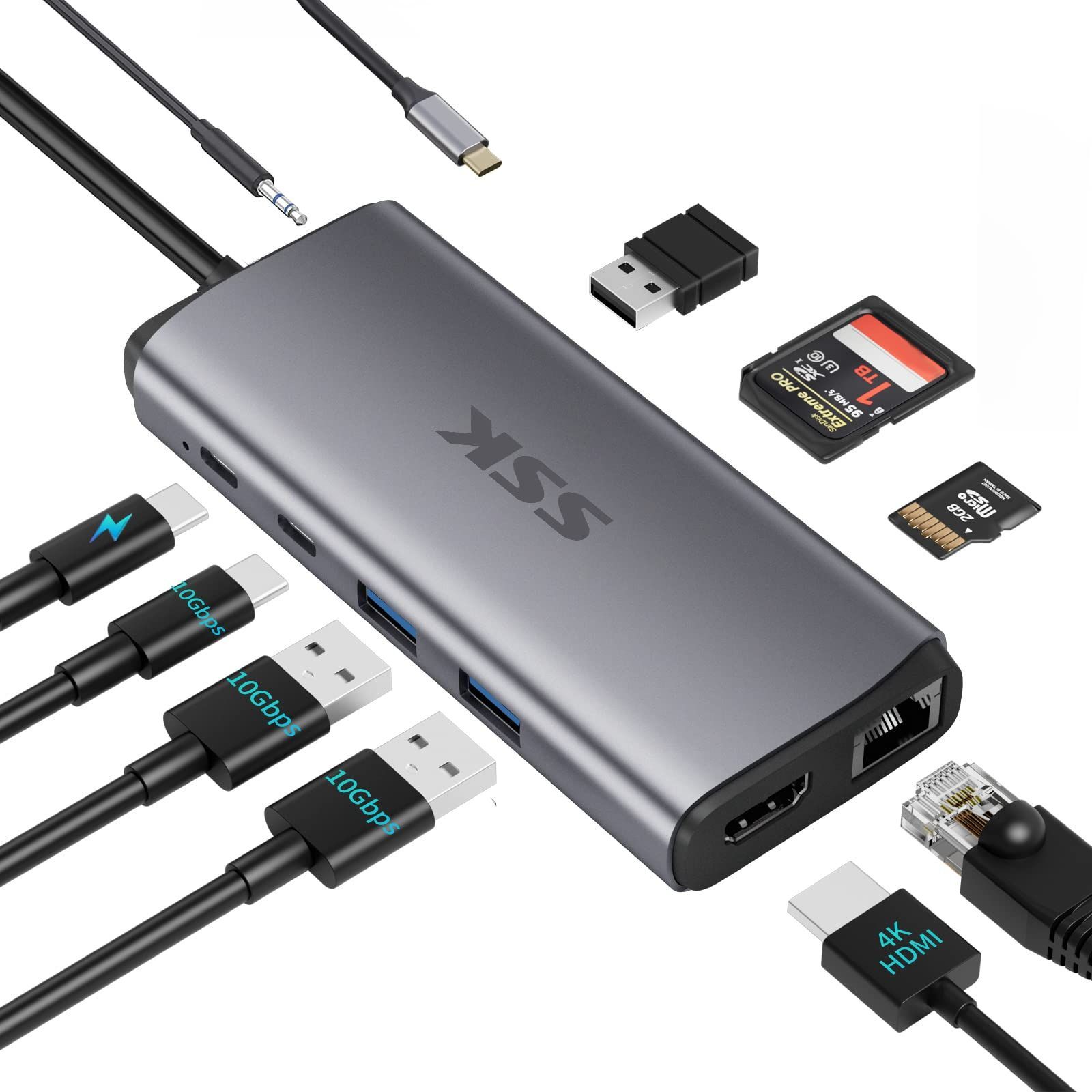 Vigoole USB C ハブ イーサネット アダプター 10 in 1 4K 60Hz HDMI 付き 10Gbps USB C スプリッター 10Gbps USB C および 2 USBA データ ポート 100W PD イーサネット S