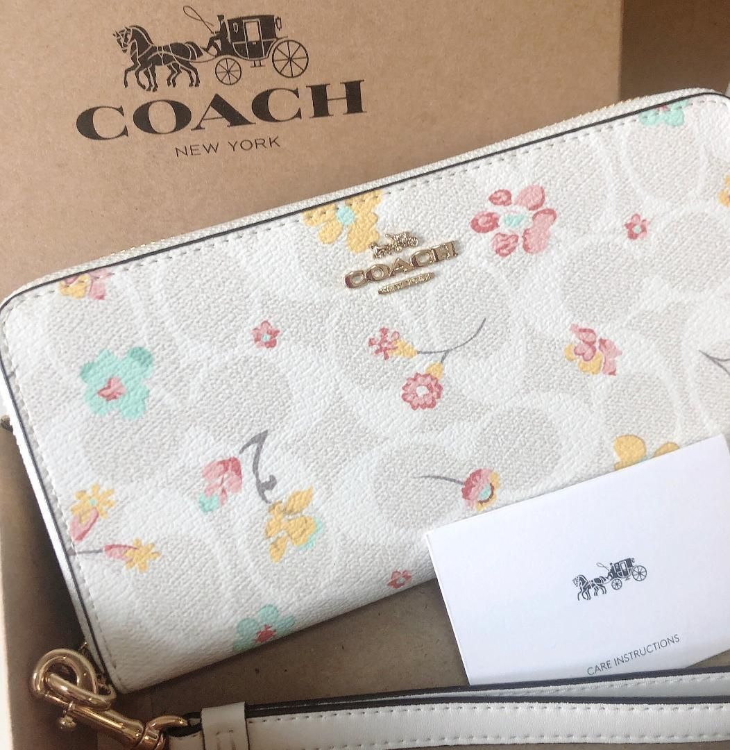 価格 COACH 花柄 長財布 シグネチャー チョーク マルチ ホワイト SVRON