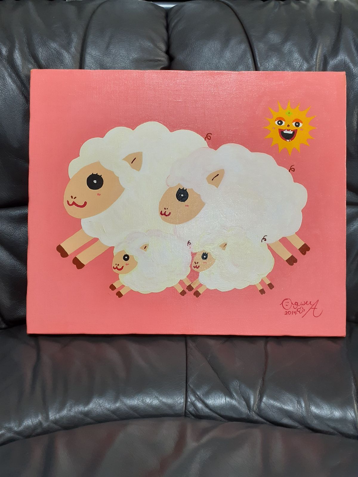 ハッピー羊ファミリー　画家　小楠アキコ作品　F8号サイズキャンバス　アクリル絵具 ハッピー羊ファミリー 画家 小楠アキコ作品 F8号サイズ