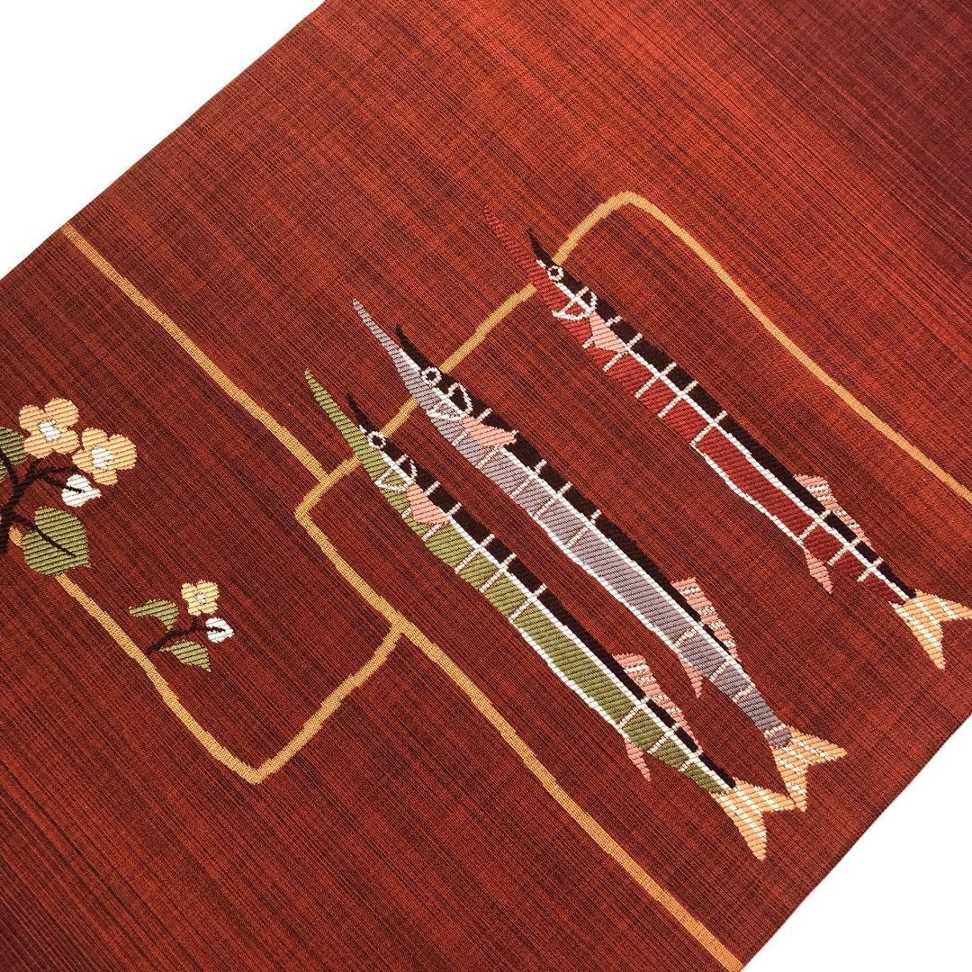 名古屋帯 魚柄 花模様 牛血紅色 O-5337 - メルカリ