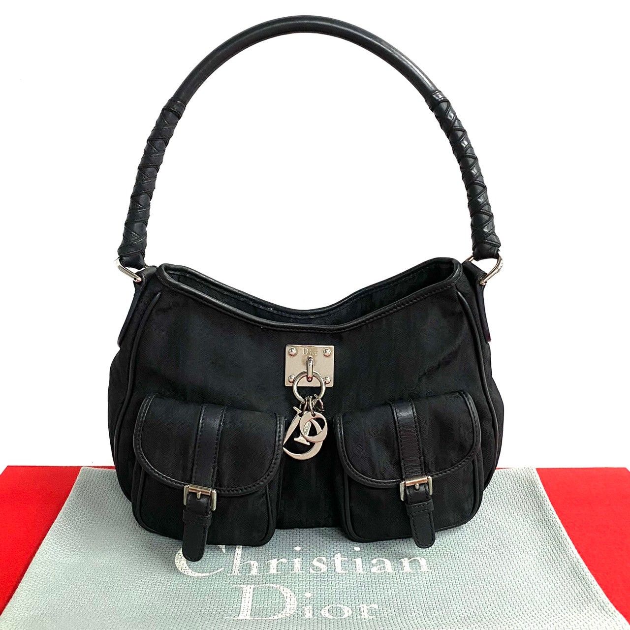 極 美品 Christian Dior ディオール トロッター 柄 ロゴ 金具 ナイロン レザー 本革 ハンドバッグ セミ ショルダーバッグ ブラック  35672 - メルカリ