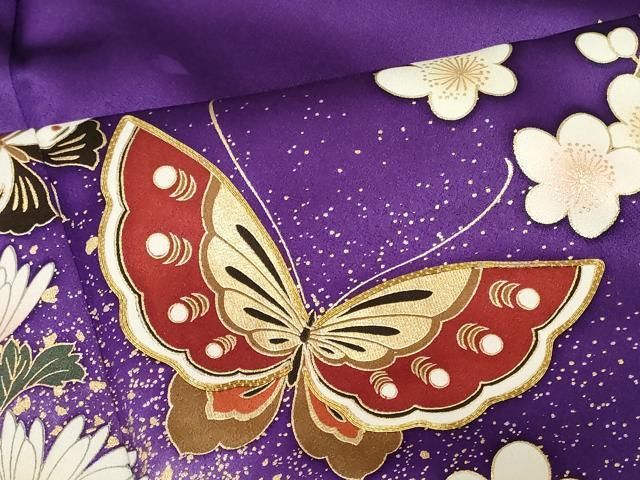 小紋 金彩 蝶 花々 正絹 反物 丹後ちりめん 正絹 小紋反物】（葵 小花・薄紫）ワイド幅 長着